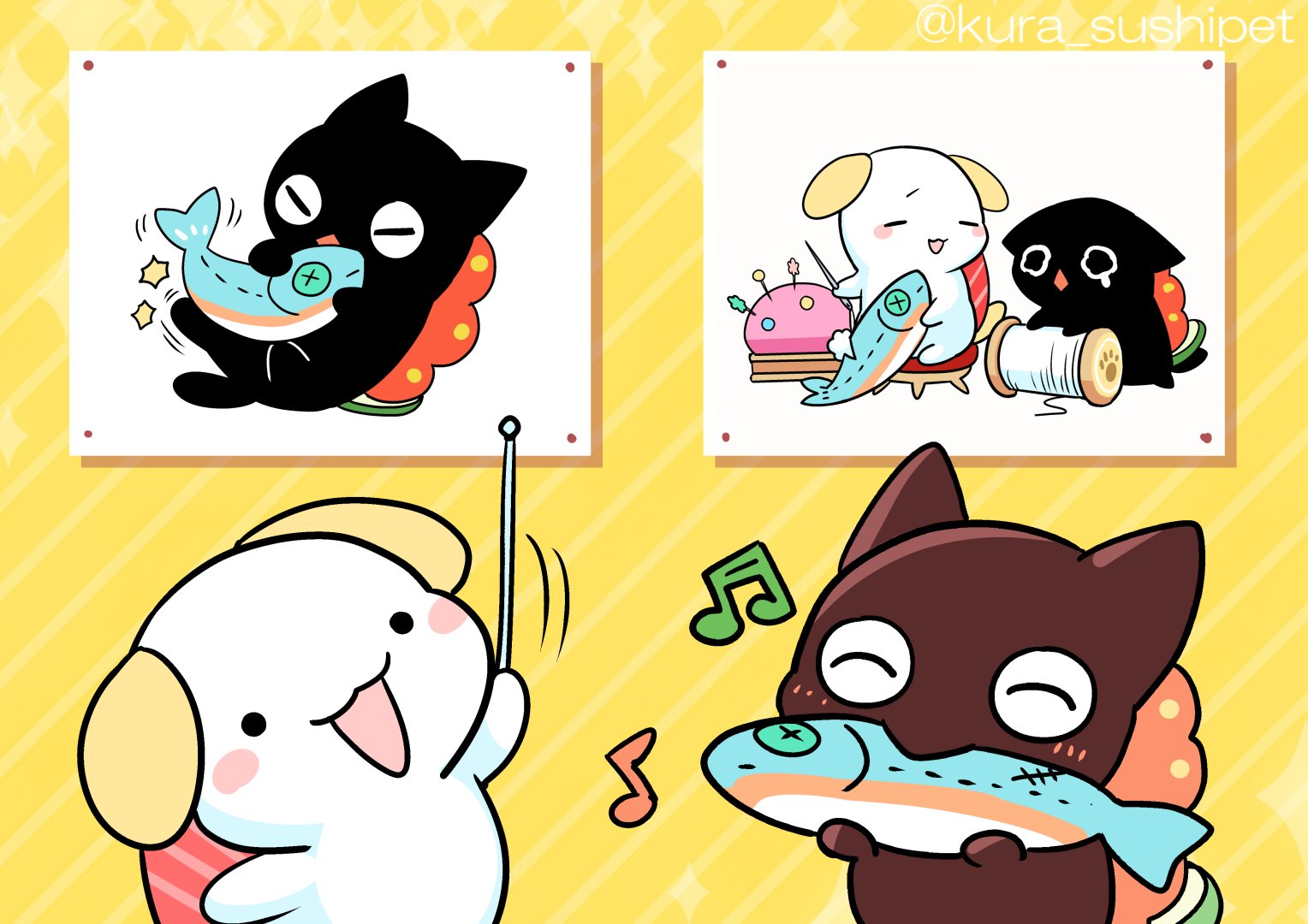 すしペット ｑ ぐんかんにゃんこお気に入りのぬいぐるみについてですが 何故背中側に縫い目のようなものがあるのでしょうか ａ しゃりわんこ このアカウントがはじまったかな り初期の頃に こういうイラストがあったんだよね 僕がヌイグルミの傷を