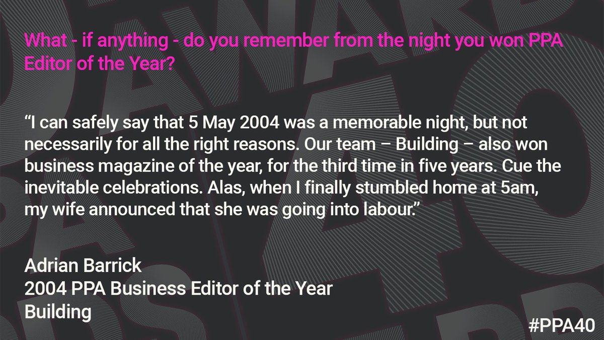 PPA_Live's tweet photo. To celebrate the 40th anniversary of the #PPAAwards, we spoke to some of the previous PPA Editor’s of the Year about their memories from the night they won. @adrianbarrick, 2004 PPA Business Editor of the Year tells us about the unexpected turn his evening took! #PPA40 https://t.co/IBlcuMFA9T