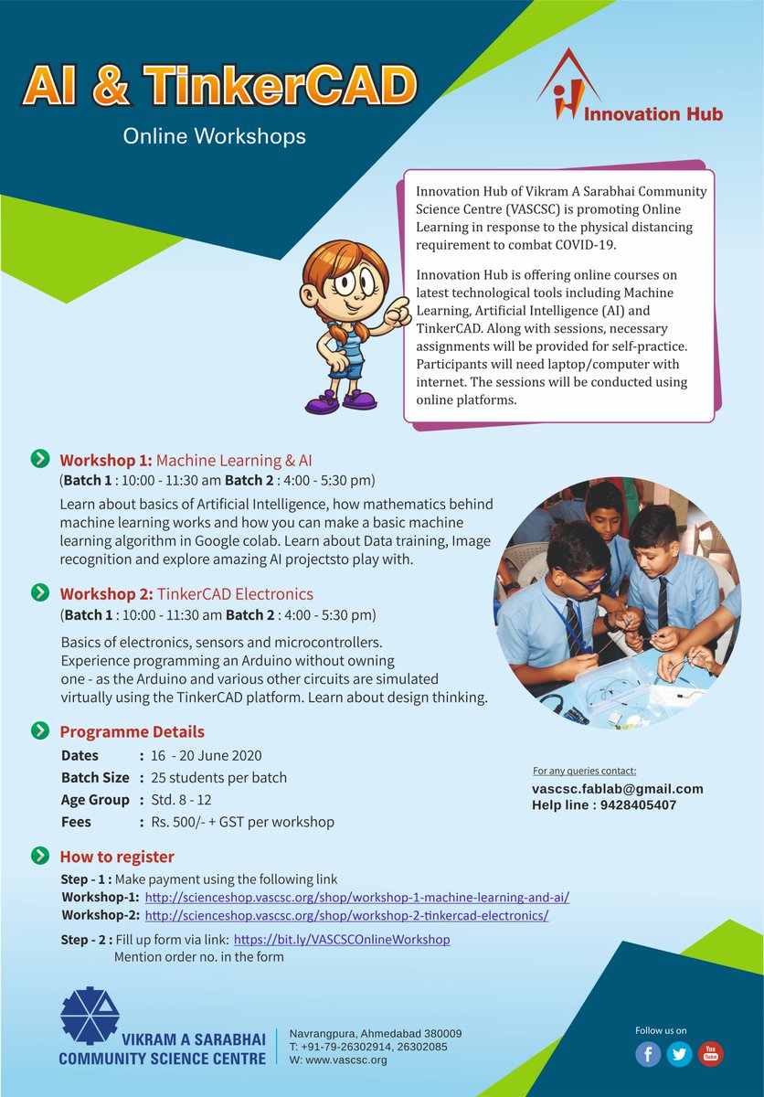 Online Workshop on Artificial Intelligence &amp; Machine Learning AND TinkerCAD Electronics
Register for Workshop:
AI &amp; Machine Learning: 
scienceshop.vascsc.org/shop/workshop-… 
TinkerCAD Electronics:
scienceshop.vascsc.org/shop/workshop-…