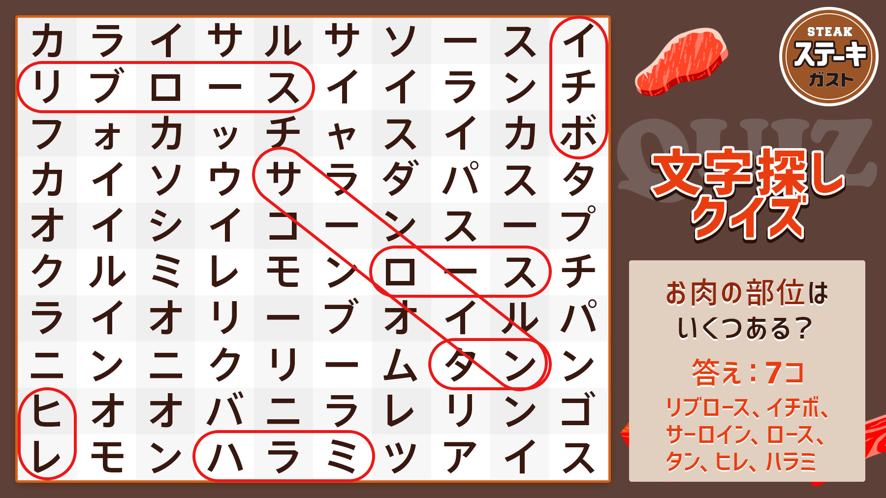 ステーキガスト 公式 A Twitter 昨日の文字探しクイズの答えを発表 正解は 7コでした ちょっと難しかったでしょうか お肉の部位以外にもたくさんの食べ物がありましたが どのくらい見つけられましたか T Co 7mbi5b1k8s Twitter