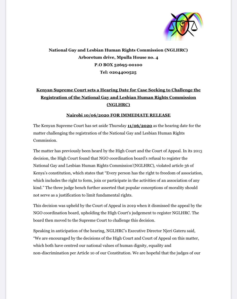 PRESS RELEASE: The Supreme Court Sets a Hearing Date for Case Seeking to Challenge the Registration of The National Gay and Lesbian Human Rights Commission (NGLHRC)