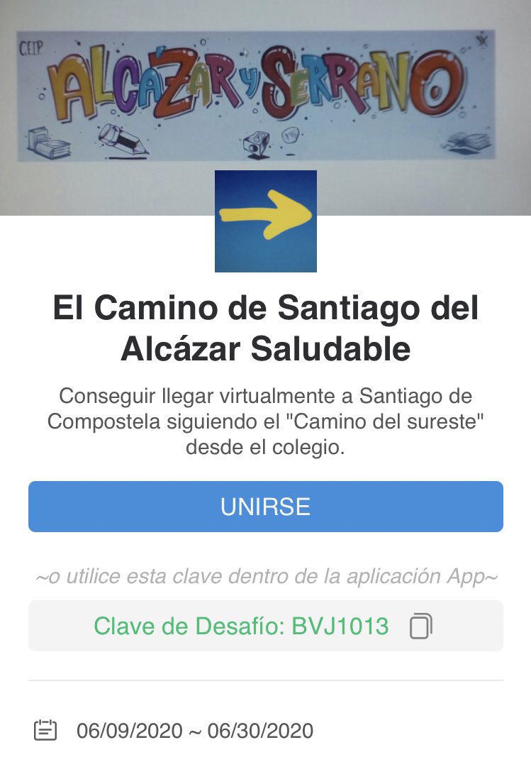 Alcazaryserrano's tweet photo. Ponemos el broche final a tres cursos de Proyecto Saludable con el desafio: “EL CAMINO DE SANTIAGO DEL ALCÁZAR SALUDABLE”. Juntos llegaremos virtualmente a Santiago de Compostela. Os invitamos a participar en él. https://t.co/d4NnW7XWW9