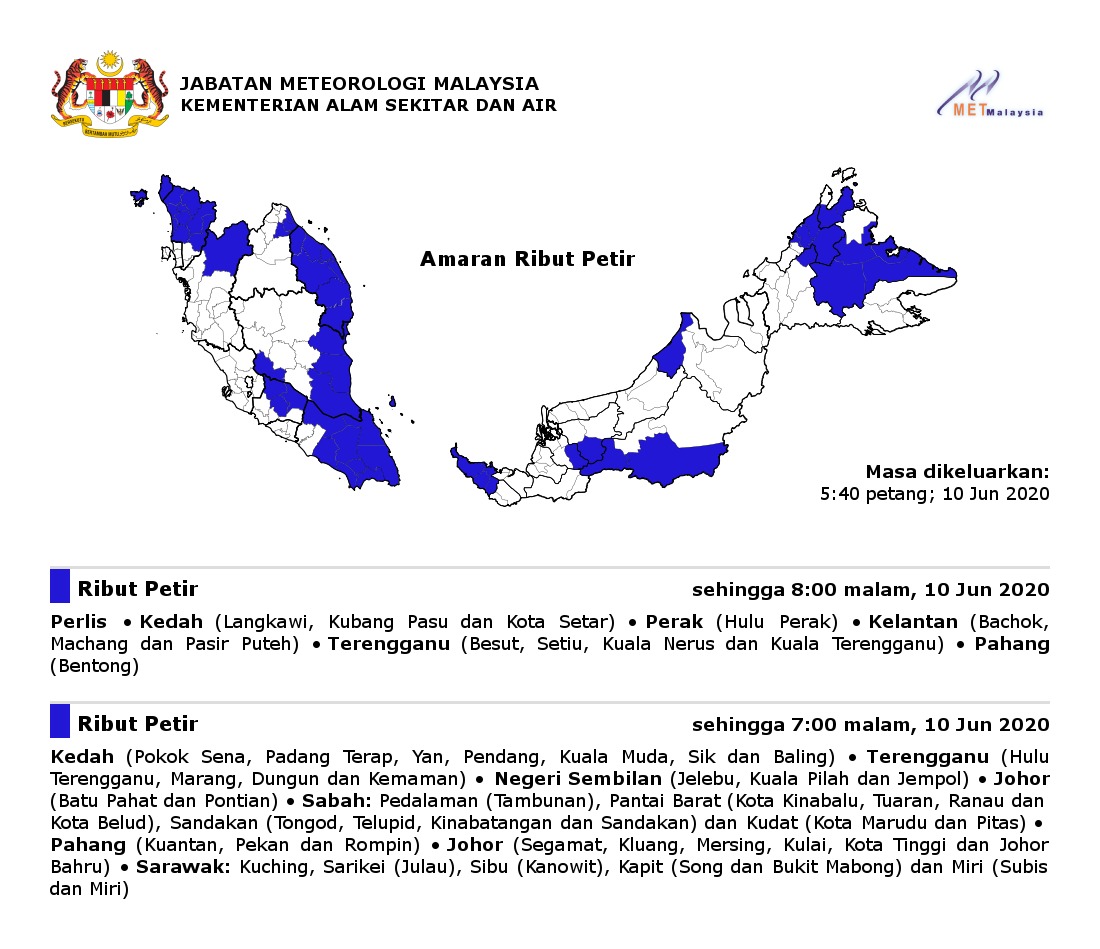 Kura Kura Net マレーシア雑談 Twitterissa マレーシアの雷雨注意報 対象地域 プルリス州 ケダ州 ペラ州北部 マレー半島東海岸の広い範囲 九州北部 ジョホール州 対象期間 10日午後8時まで 急な落雷を伴う嵐にお気を付けください マレーシアの天気予報
