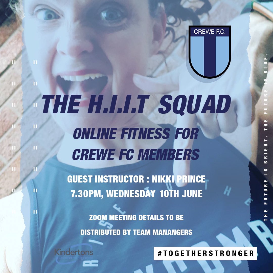 CreweFC's tweet photo. THE FRESH PRINCE!
It’s a new face for our #HIIT Session this evening as @LesMills Body Combat Instructor Nikki Prince takes control of the session!
It’s sure to be a blast!
See you all there.
7.30pm on Zoom.
#HIITSquad #CreweFC https://t.co/6qmHfopASK