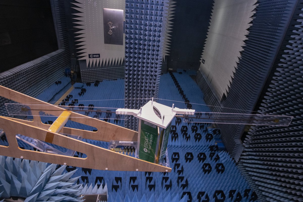 Antenna testing for #Ireland's first satellite mission, <a href="/EIRSAT1/">EIRSAT-1</a> , developed by a @UCDDublin student team with <a href="/ESA__Education/">ESA Education</a>, currently taking place in the Hertz chamber of ESA's #ESTEC centre in #NL, our #ESATech image of the week: esa.int/ESA_Multimedia…