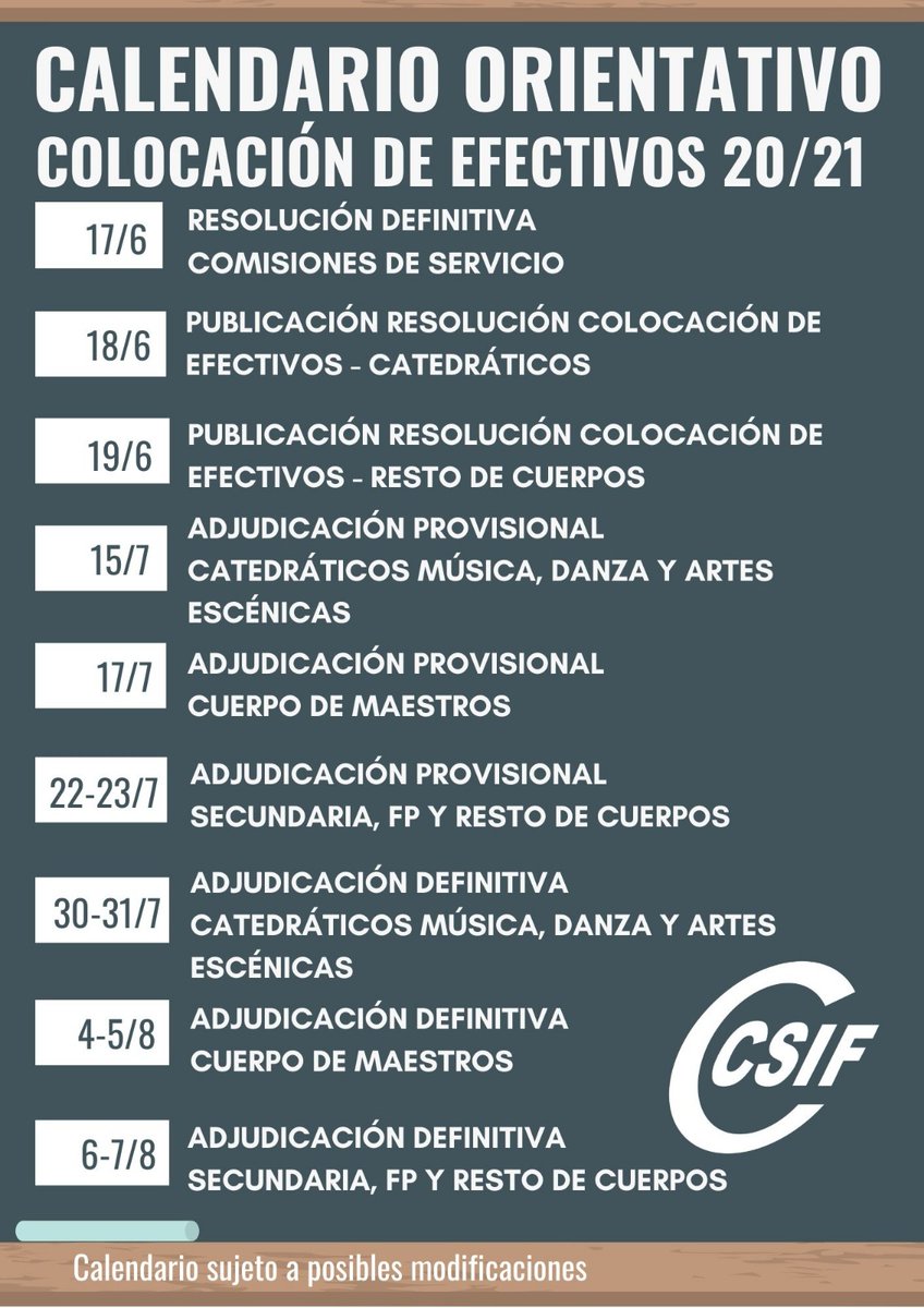 Csif Enseñanza Jaén informa sobre el calendario orientativo de la colocación de efectivos.

Para mas información pincha aqui:
👇👇👇👇

csif.es/contenido/anda…
