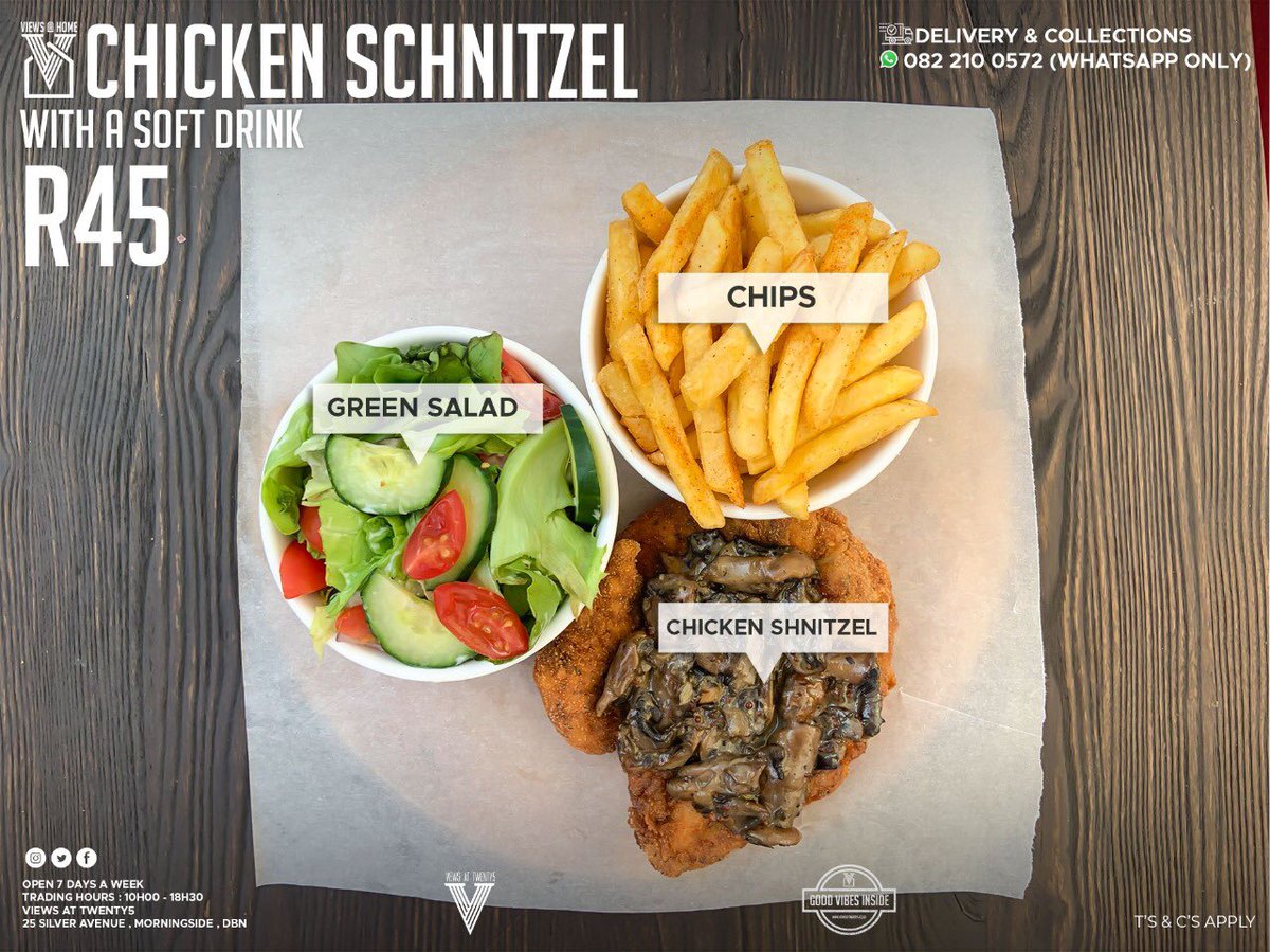 ViewsatTwenty5's tweet photo. Our Succulent @viewsattwenty5 Chicken Schnitzel is now available for Delivery & Collection. A Delicious Crumbed Chicken Breast Accompanied with a Mushroom Sauce served with Chips + Salad + Complimentary Soft Drink for only R45
☎️Order Now 0822100572
#ViewsAtHome
#GoodVibesInside https://t.co/BdnfxH8Bq7
