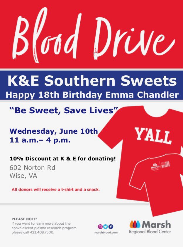 CoachJChandler's tweet photo. If you are in Wise today between 11-4, stop by and give blood! 10% off a purchase at K&amp;E Sweets and a $10 Food City gift card will be given for each donation. https://t.co/wTKqO2Q7eZ