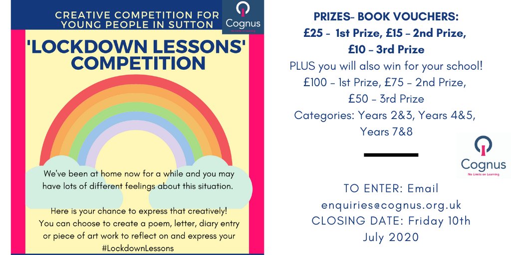 EarlyHelpSutton's tweet image. Today we've launched our ‘#LockdownLessons’ competition for Years 2-5 &amp;amp; Years 7 &amp;amp; 8.

The aim of this is to give young people a positive focus, and a creative outlet to express their feelings over the past few months.

PRIZES for young people &amp;amp; their school!