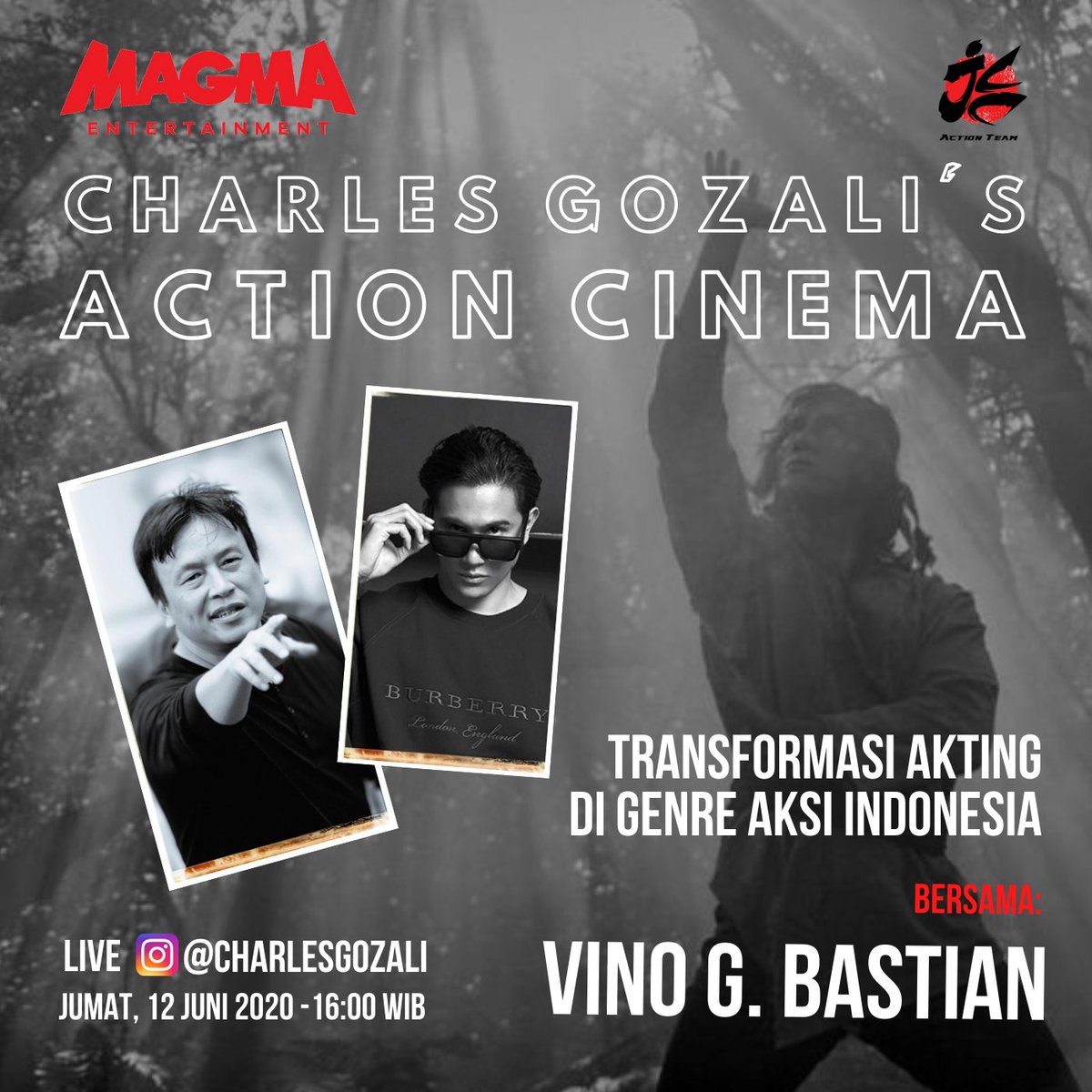 Setelah Julie Estelle di episode ke-3, kini Charles Gozali's Action Cinema akan menghadirkan <a href="/VinoGBastian__/">Vino G.Bastian</a> 

Jadi, jangan sampai ketinggalan ya. Catat tanggalnya, Jumat 12 Juni pukul 16:00 WIB di IG @charlesgozali