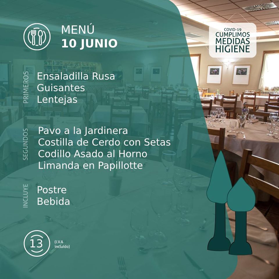 MENÚ #Bolaso 10 de Junio:

PRIMEROS PLATOS
Ensaladilla Rusa
Guisantes
Lentejas

SEGUNDOS PLATOS
Pavo a la Jardinera
Costilla de Cerdo con Setas
Codillo Asado al Horno
Limanda en Papillotte

+POSTRE Y BEBIDA
PRECIO 13€ (iva incluido)

#restaurante #menudeldia #ejea #cincovillas