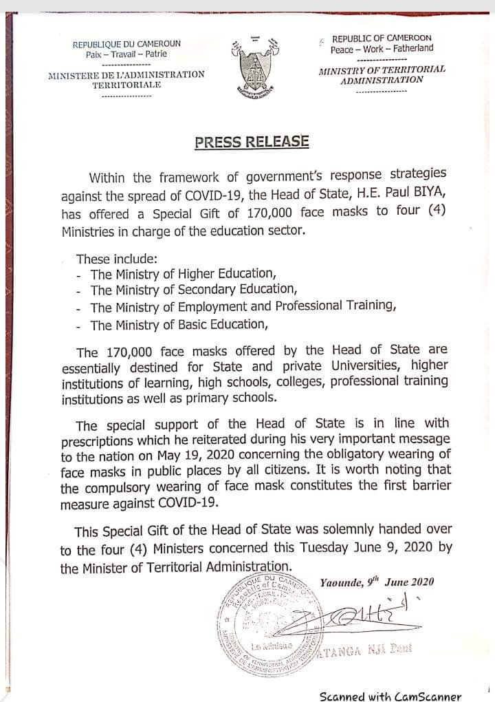 MbuhStella's tweet photo. President @PR_Paul_BIYA gift of 170.000 face masks has been served  the four ministries concerned. Hit by the #Crisis and marked by school boycott,  the North West Region expects 11.671 students on campuses. The gifts  observers say it's grossly insufficient. 
@Observer237 https://t.co/8IhWXG1G8h