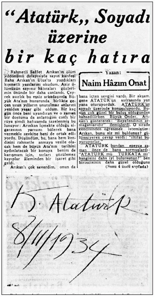 AyasofyaKararnamesi'ndeki sahte imza iddiasını çürüten evrak. Naim Hâzım Onat'ın 3.12.1949'da, Ulus'ta yayınlanan makalesinde mâlum imza var. İmza 16 gün önce, 8.11.1934'te hatıra maksadıyla takdim edilmiş.