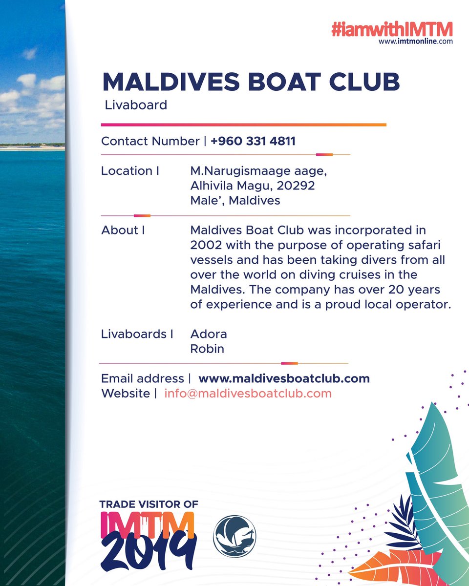 imtmonline's tweet photo. Highlight | @MVboatclub Trade Visitor of IMTM 2019.
.
๐ธ | @MVboatclub
#IMTM #IMTM2019 #LuxuryTravel #iamwithimtm #AffordableTravel #Resorts #Guesthouses #Liveaboards #Hotels #VisitMaldives #maldives #visitmaldiveslater #traveltomorrow https://t.co/CHigAVjp8J