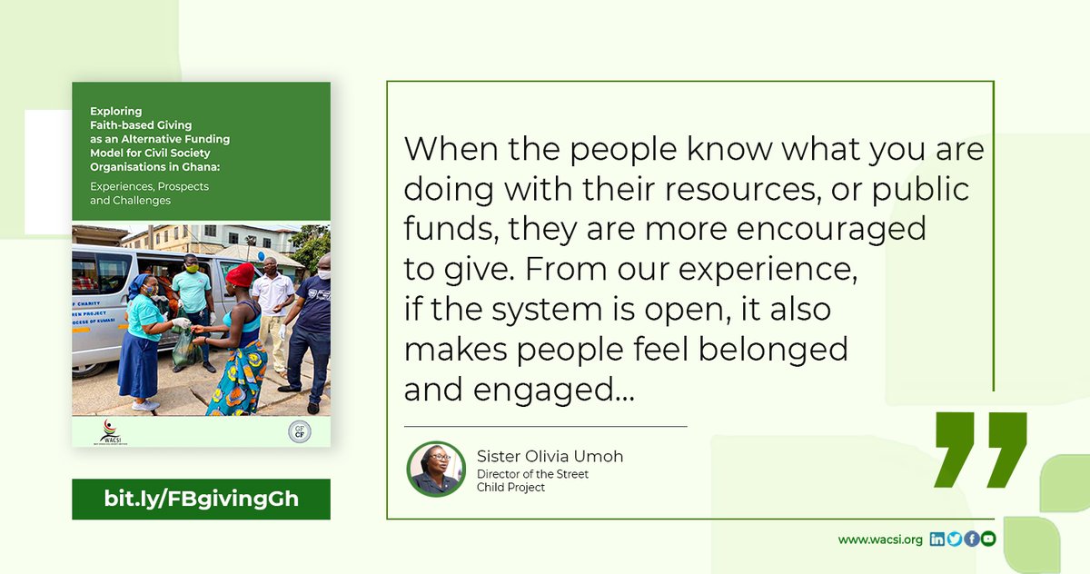 wacsi's tweet image. A strategy to effectively mobilise resources from givers is accountability and transparency. Sister Olivia Umoh, Dir. of the Street Children Project shared these words. 

Access the full research report for more details:
bit.ly/FBgivingGh

#FaithBasedGivingGH #CSOBeyondAid
