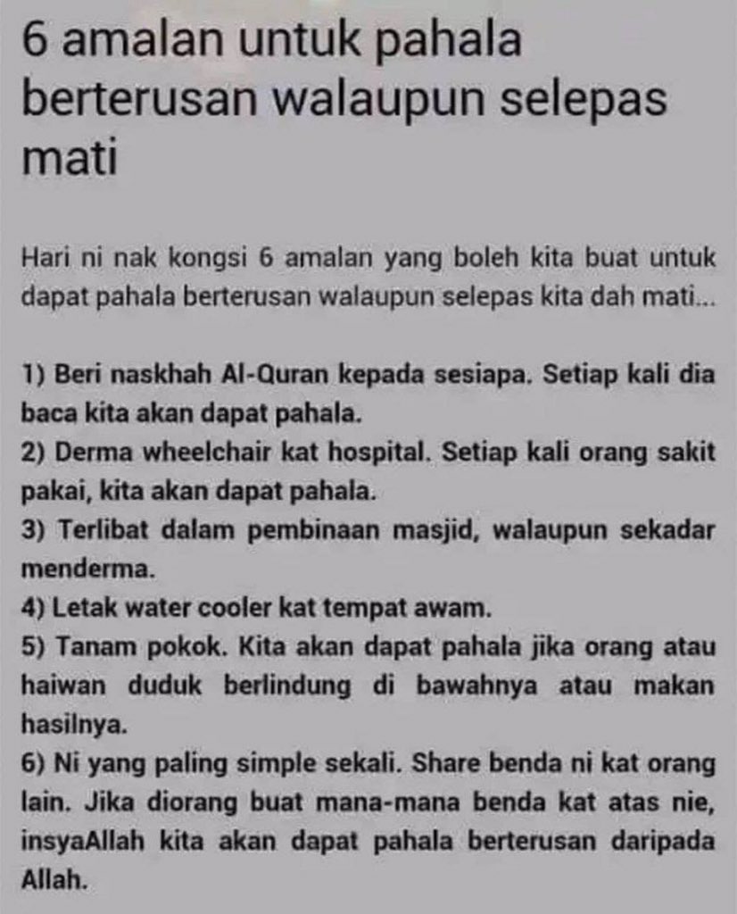 AlAssyakirin2's tweet photo. Mari same same kite amalkan 6 amalan ini agar pahale kite berterusan walaupon selepas mati ......
Semoge Bermanfaat ! https://t.co/7aJdly8fga