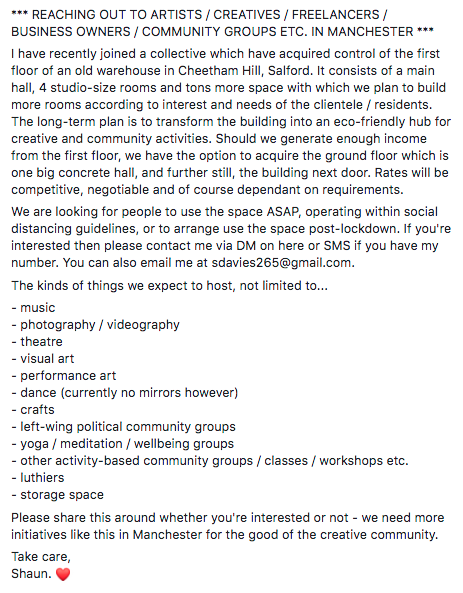 sdavies265's tweet photo. Creatives / artists / freelancers / community groups / business owners etc. of #Manchester - need space for current / new endeavours? We're building something real special in Cheetham Hill, Salford, and we want to hear from you. Please DM here or email me at sdavies265@gmail.com. https://t.co/czYU9HwtPD