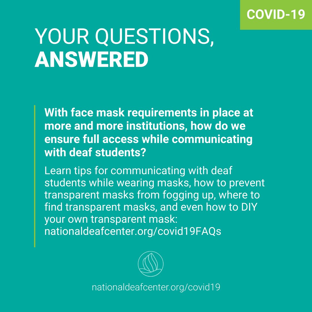 With #FaceMask policies in place at many institutions, get tips for communicating with #DeafStudents while wearing masks and how to find and use transparent masks effectively. Learn more: nationaldeafcenter.org/covid19faqs