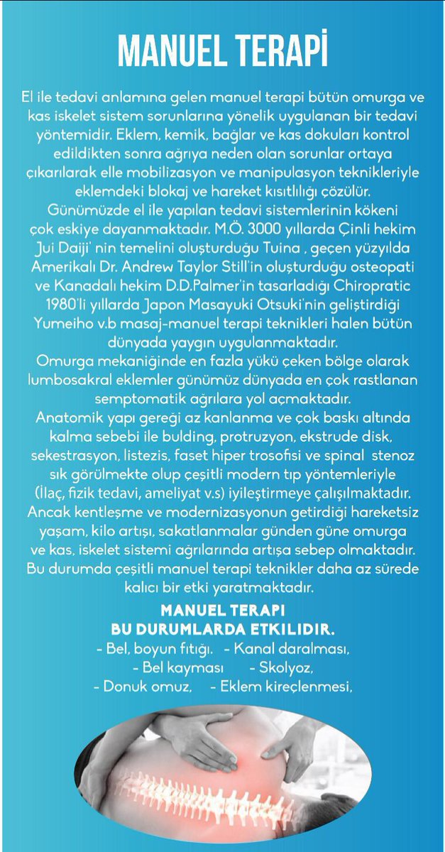 tedavistanbul's tweet photo. 🇹🇷Bel ve sırt ağrılarından muzdarip misiniz? Manuel terapi ile hiç tanıştınız mı?
🇬🇧Do you suffer from lower back and back pain? Have you ever met manuel treatment? #manuelterapi #manueltheraphy #Turkey #türkiye #health #sağlık #istanbul #bakırköy #sefaköy #bahçelievler https://t.co/6pTeRknzyx