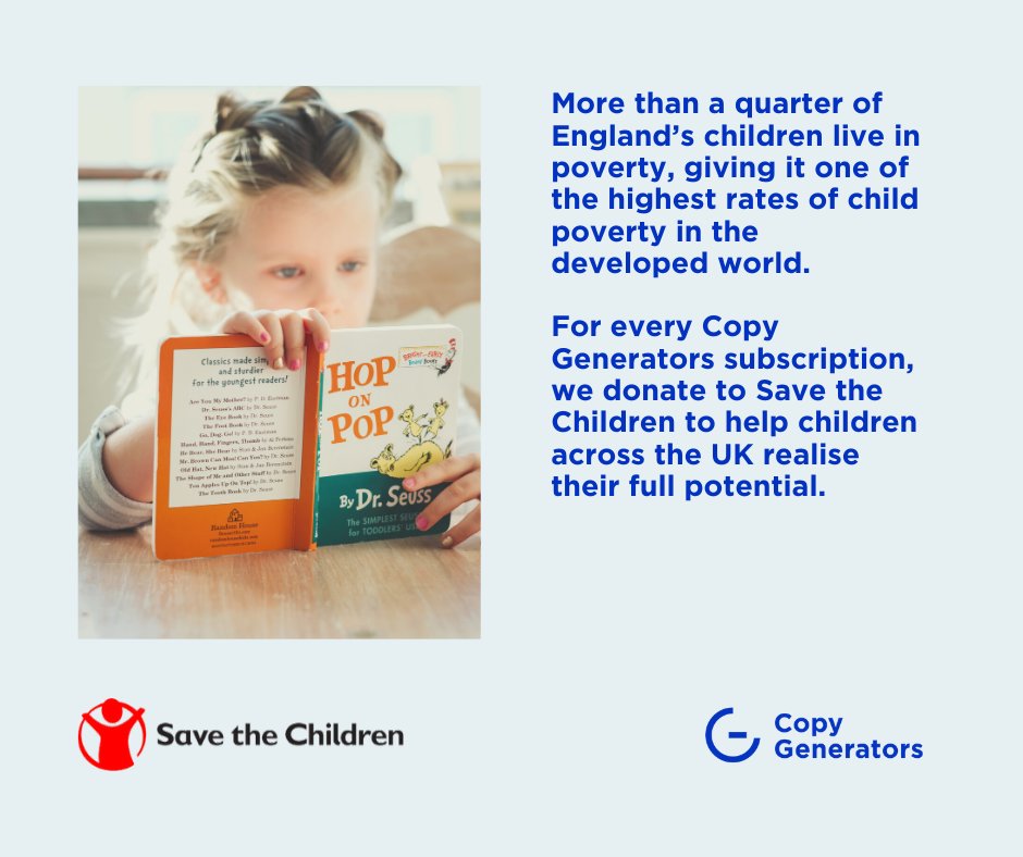 CopyGenerators's tweet photo. More than a quarter of England’s children live in poverty, giving it one of the highest rates of child poverty in the developed world. For every Copy Generators subscription, we donate to Save the Children to help children across the UK realise their full potential. https://t.co/PZCbDZUxxk