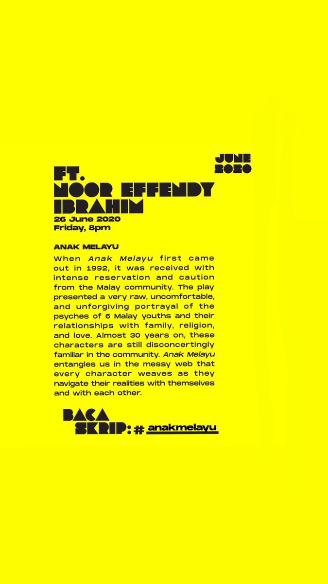 "Anak Melayu"
.
Presented by EkaMatra &amp; Fezhah Maznan featuring one of our Creative Director, Budyn on a monthly playwright series happening this 26 June 2020
.
 #bmpsg #bigmouthproduction #biarmulotbesarasalhatibaik