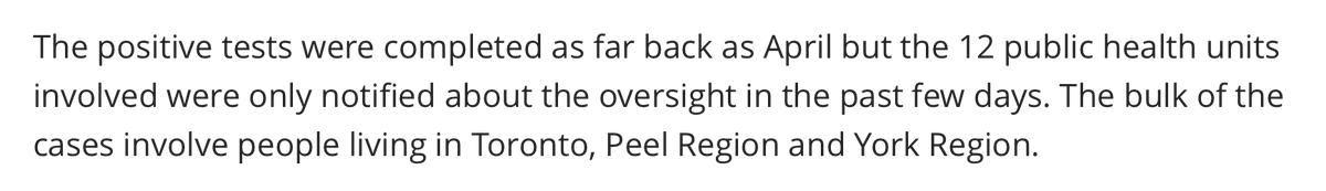 Those outbreaks caused Ontario’s COVID-19 progress - and effectively a lost month - financial and emotional suffering - and a certain number of deaths.Base articles to read:CBC News (6/1):  https://www.cbc.ca/news/canada/toronto/covid-19-ontario-hospitals-missed-telling-public-health-confirmed-cases-1.5593572Toronto Star (6/3):  https://www.thestar.com/news/gta/2020/06/03/ontario-health-apologizes-after-485-positive-covid-19-tests-mostly-from-etobicoke-missed-being-reported.html