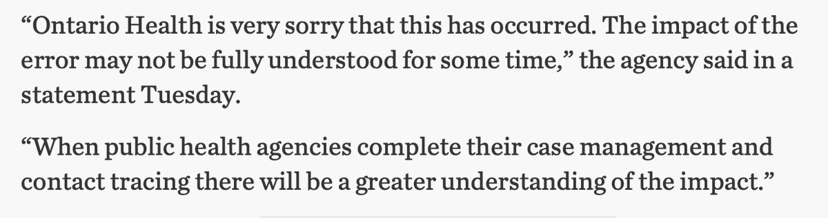 Those outbreaks caused Ontario’s COVID-19 progress - and effectively a lost month - financial and emotional suffering - and a certain number of deaths.Base articles to read:CBC News (6/1):  https://www.cbc.ca/news/canada/toronto/covid-19-ontario-hospitals-missed-telling-public-health-confirmed-cases-1.5593572Toronto Star (6/3):  https://www.thestar.com/news/gta/2020/06/03/ontario-health-apologizes-after-485-positive-covid-19-tests-mostly-from-etobicoke-missed-being-reported.html