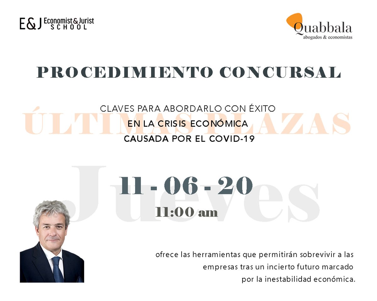 Quabbala's tweet photo. 🕐 Jueves, 11 de junio de 2020. 11:00 a.m
✍️ Inscríbete: https://t.co/dOJpVmGhOM

PROCEDIMIENTO CONCURSAL: CLAVES PARA ABORDARLO CON ÉXITO EN LA CRISIS ECONÓMICA CAUSADA POR EL COVID-19

1) Aprobación de la nueva Ley Concursal.
2) Aprobación del Reglamento de la AC
3) Análisis... https://t.co/x4p9gNQpky