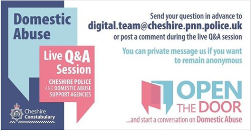 Our latest domestic abuse Q&amp;A session is taking place on Thursday at 10am - 
orlo.uk/FSuRl
If you have a question for any of the safeguarding experts you can email digital.team@cheshire.pnn.police.uk in advance.