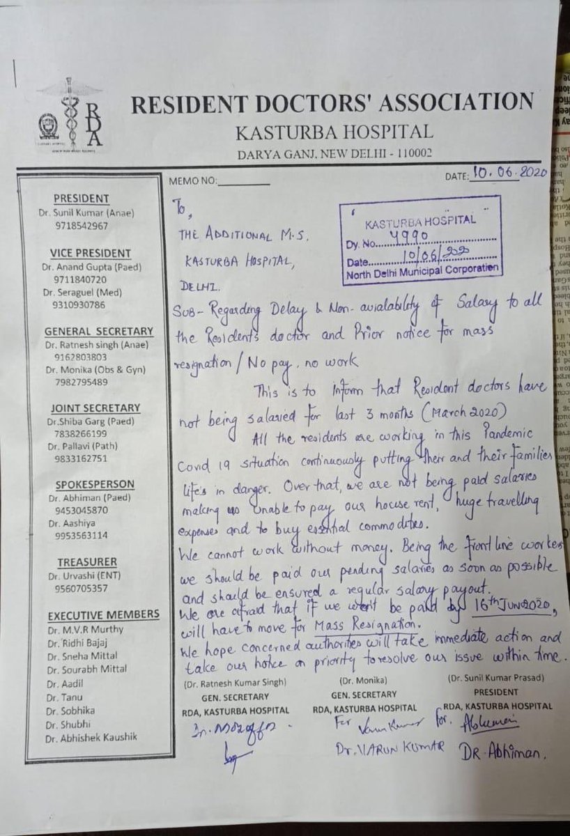 DrHarjitBhatti's tweet photo. No salary from last 3 months at Kasturba Hospital, Delhi. Doctors are forced to go on mass resignation. They are working for extended hours in PPEs &amp; politician &amp; bureaucrats sitting in their AC rooms are blocking their salaries. This is how you treat your frontline warriors? https://t.co/dHQxq8p34M