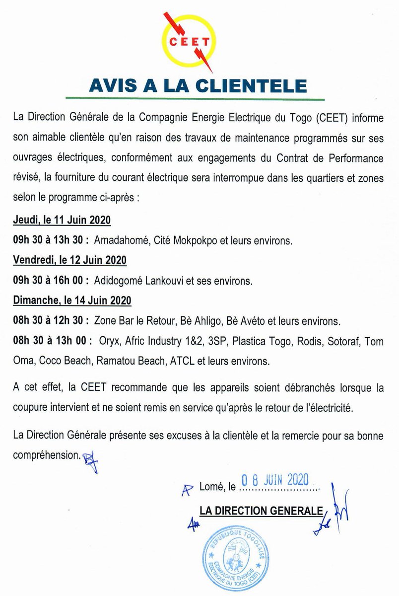 Avis à la clientèle du 11 au 14 juin 2020. Gestes barrières, toujours !!! #Energie #CEET #Tginfo #TgTwittos