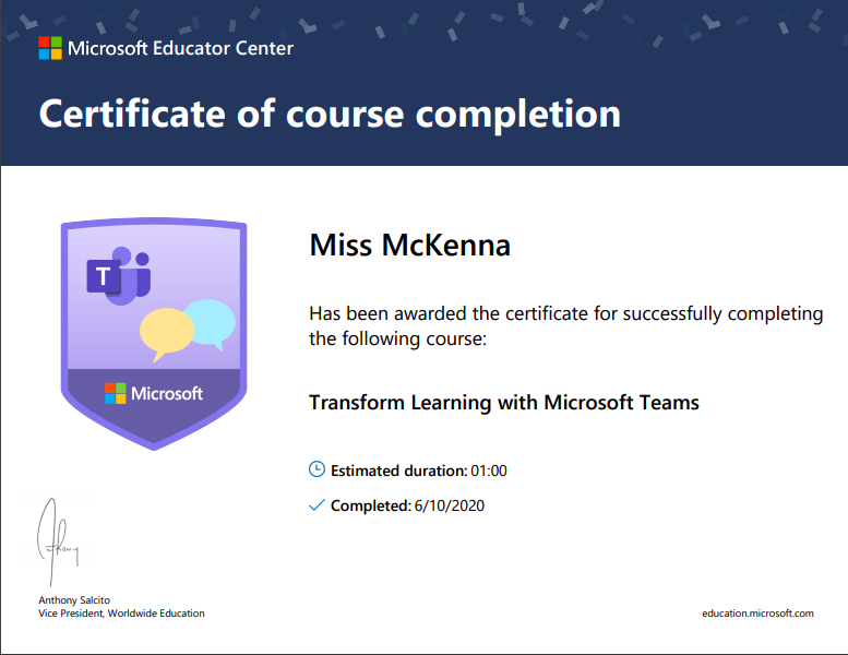 nmckenna_'s tweet photo. Course completed and I'm feeling more confident using Microsoft Teams already ✅. Looking forward to the live session on Monday😃. https://t.co/SCbYn6KFBc