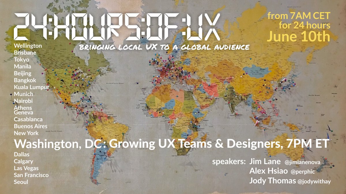 NoVAUXMeetup's tweet photo. "24 Hours of UX" is in progress, and this evening at 7pmET Jody, Alex, and Jim will be looking back on eight years and 100 events, and taking your questions about establishing UX teams and coaching UX designers. Register for the online event: https://t.co/cZ9lrnsLws https://t.co/2hHKXNgK4Z
