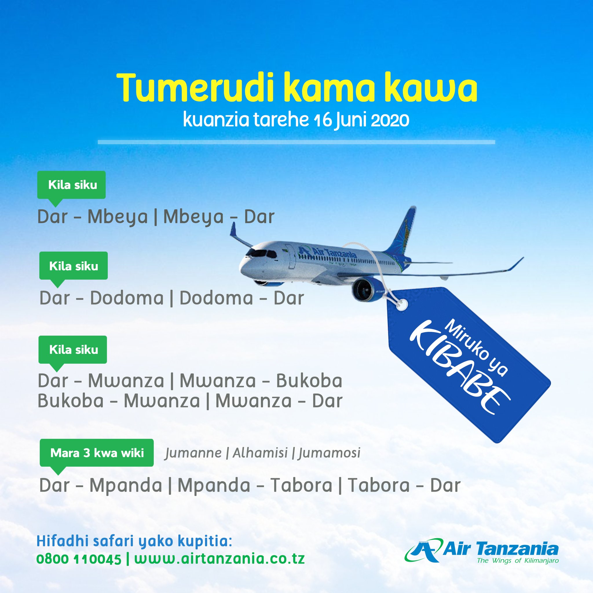 Air Tanzania on X: "WE ARE BACK. Starting from 16th June, we will have the  following flights Daily. Dar - Mwanza - Bukoba, Dar - Mbeya & Dar - Dodoma.  Also Dar -