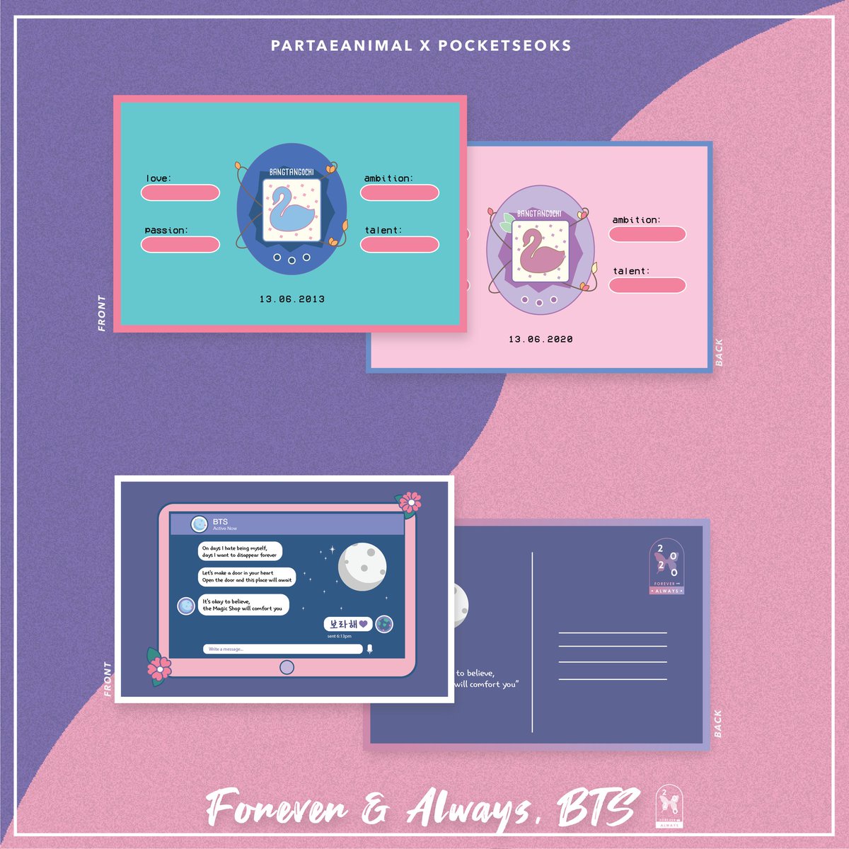 partaeanimal's tweet photo. 𝒇𝒐𝒓𝒆𝒗𝒆𝒓 𝒂𝒏𝒅 𝒂𝒍𝒘𝒂𝒚𝒔💖️✨
 Pastel and 90's inspired BTS 7th Anniv fangoods by @partaeanimal and @pocketseoks🌸💫

🦋 Stickers, postcards, compact mirror &amp; drawstring pouch
💞 Open till 10 Jul
🌻 DM for overseas GOs

More info in form! ⬇💛💐
https://t.co/UPZTbHoHRk https://t.co/W2GNw6rFul