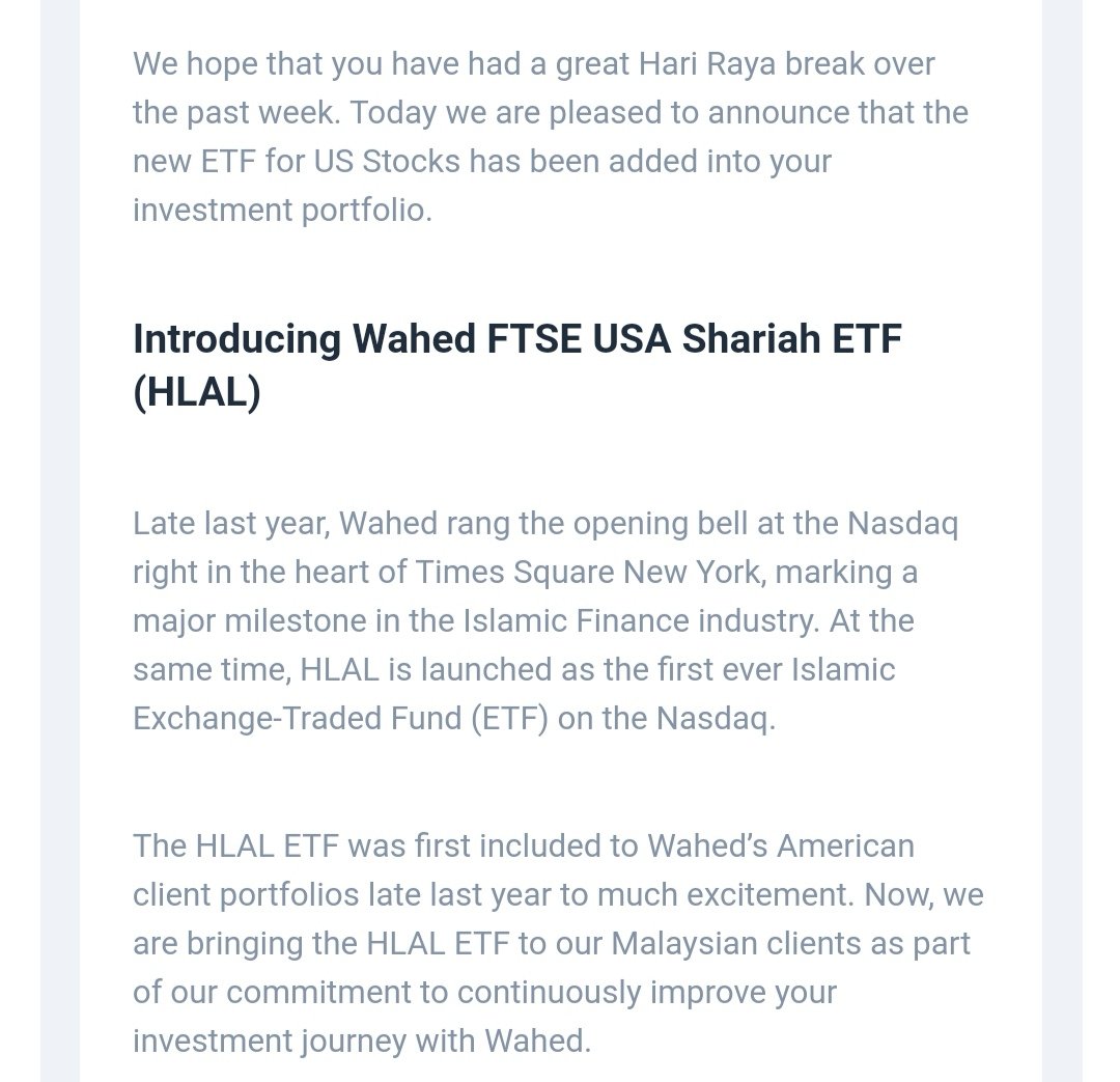 Terkini:1. Wahed FTSE USA Shariah ETF (HLAL) menggantikan MyETF Dow Jones U.S. Titans 502. Mulai 15hb Jun 2020, referral RM10 (sebelum ni RM20 / RM40 masa diperkenalkan)Tambahan akaun, rasmi Wahed Invest di twitter hanya  @WahedInvest. kod: muhbin234