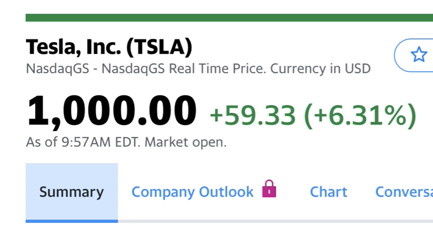 robmaurer's tweet photo. Tesla hits $1,000 per share and becomes the most valuable automaker in the world. Congrats @Tesla, @elonmusk, and all $TSLA investors. #Tesla https://t.co/wbD4ICZ0t8