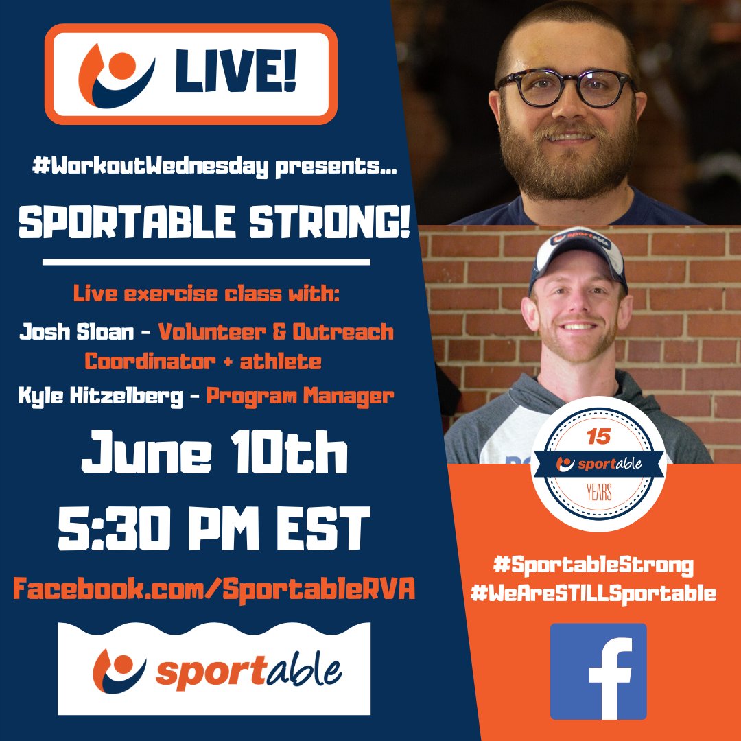 SportableRVA's tweet photo. Tune in today at 5:30PM EDT for our LIVE #SportableStrong exercise class with Josh Sloan & Kyle Hitzelberg!π±π»
Today's class features Ambulatory & Seated movements/exercises to offer you both options! πππ
#WeAreSTILLSportable #15YearsOfSportable #AdaptAtHome #RVA πͺ https://t.co/jQ2j4s9eND