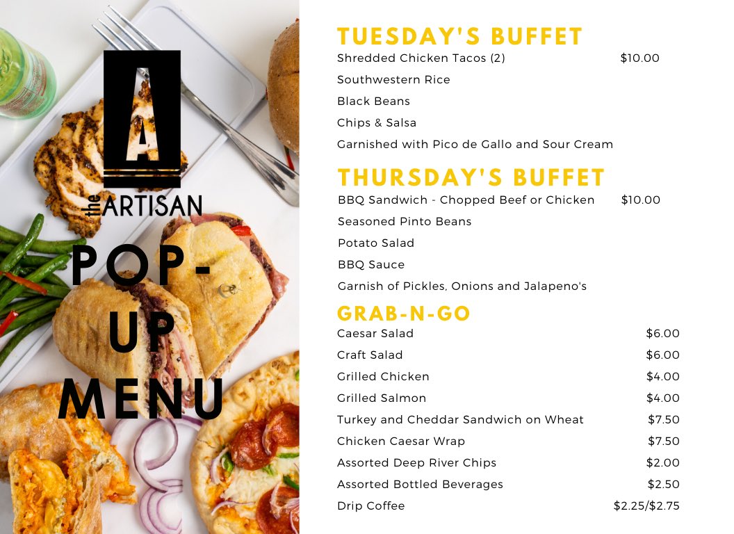 🎉EXCITING NEWS🎉

We’re “popping in” to say ‘Welcome Back, <a href="/DalArtsDistrict/">Dallas Arts District</a>’ 👋 every Tuesday and Thursday with $10 lunch buffets from 11am - 2pm in the lobby of KPMG Plaza until the ARTISAN resumes regular restaurant operations in early July! #theartisandallas