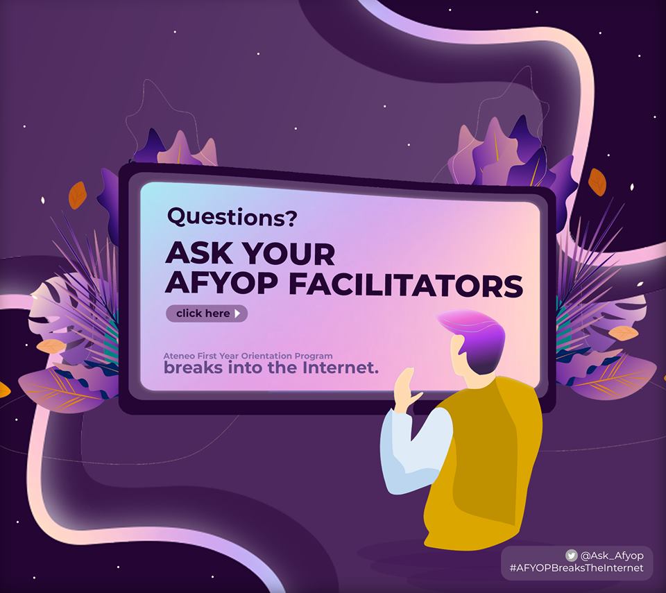 AFYOPDayon23's tweet photo. Ateneans!

Brace yourselves as #AFYOPBreaksTheInternet on June 16-18, 2020!

For your queries, connect with your respective Virtual Facilitators by sending a DM to @Ask_Afyop.

This is AFYOP 2020 — now going online! 🌐 https://t.co/k6ZMFAQwv9