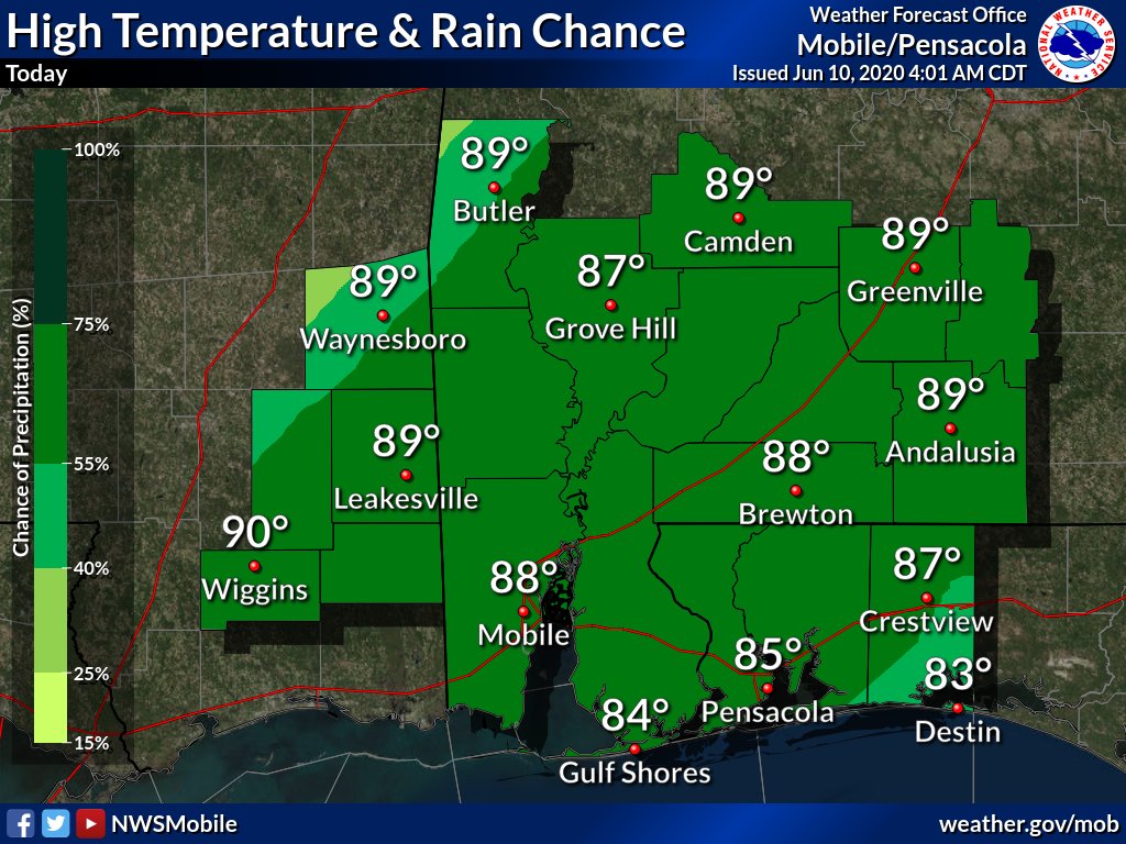 NWSMobile's tweet photo. High rain chances continue today as a cold front moves approaches the area. A few of the storms could become strong to severe late this morning through the afternoon. The main threat will be damaging winds to 60 mph in addition to heavy rain and frequent lightning. https://t.co/zDUlfCp4JL
