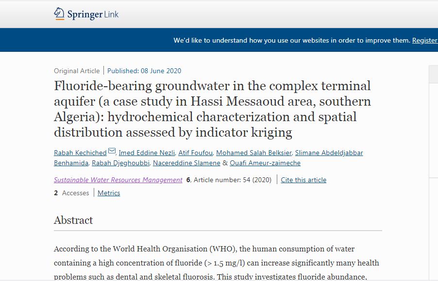 Rabah_KECHICHED's tweet photo. We have published an article in journal of #Sustainable_Water_Resources_Management. The paper deals with fluoride bearing groundwater in Hassi Messaoud city (Southern Algeria):https://t.co/dNwkLV0r8R. 
The paper can be freely checked following this link: https://t.co/rGLBnNEJHm https://t.co/ylHNGCoKoq
