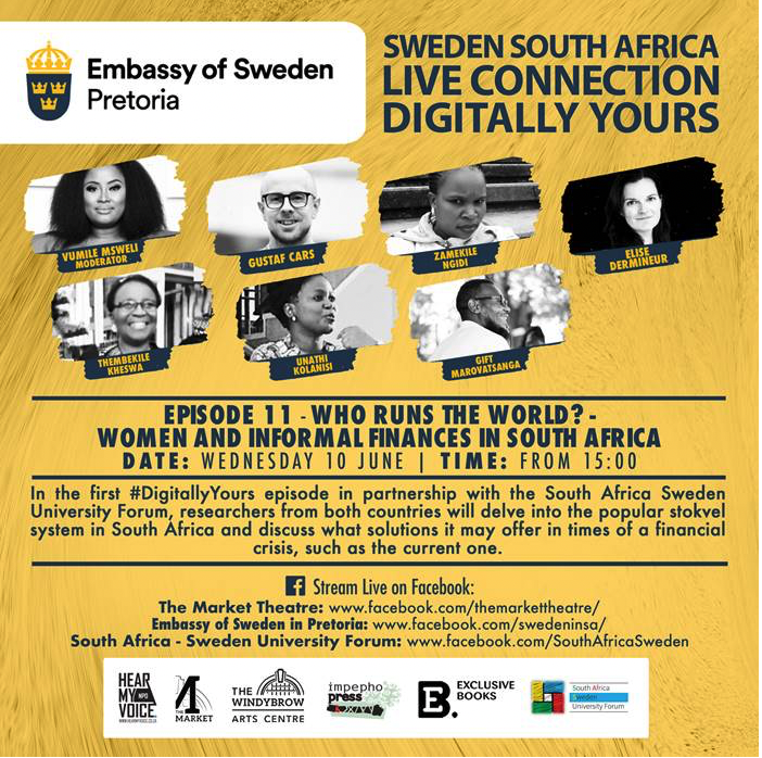 EliseDermineur's tweet photo. We go live at 3 pm! #SE_SA #stokvel #lockdown #informalfinance Join us to learn more about informal finances in South Africa on the Swedish Embassy in South Africa's Facebook page #digitallyYours https://t.co/f7FPrMOI7y