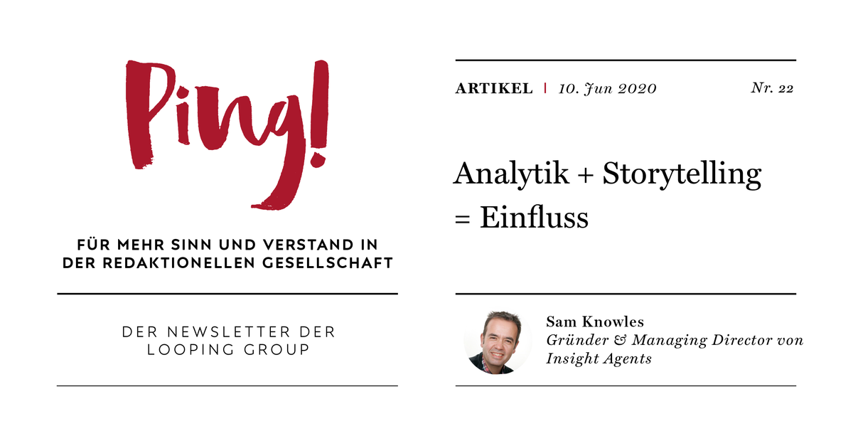 Die Herausforderung für #Marken und #Publisher besteht darin, #Daten so einzusetzen, dass sie kraftvolle #Geschichten erzählen. <a href="/samknowles/">Samknowles</a> von @insightagents stellt dazu in Ping! die 6 Goldenen Regeln des #DataStorytellings auf. Jetzt Ping! abonnieren: looping.group/#newsletterMod…