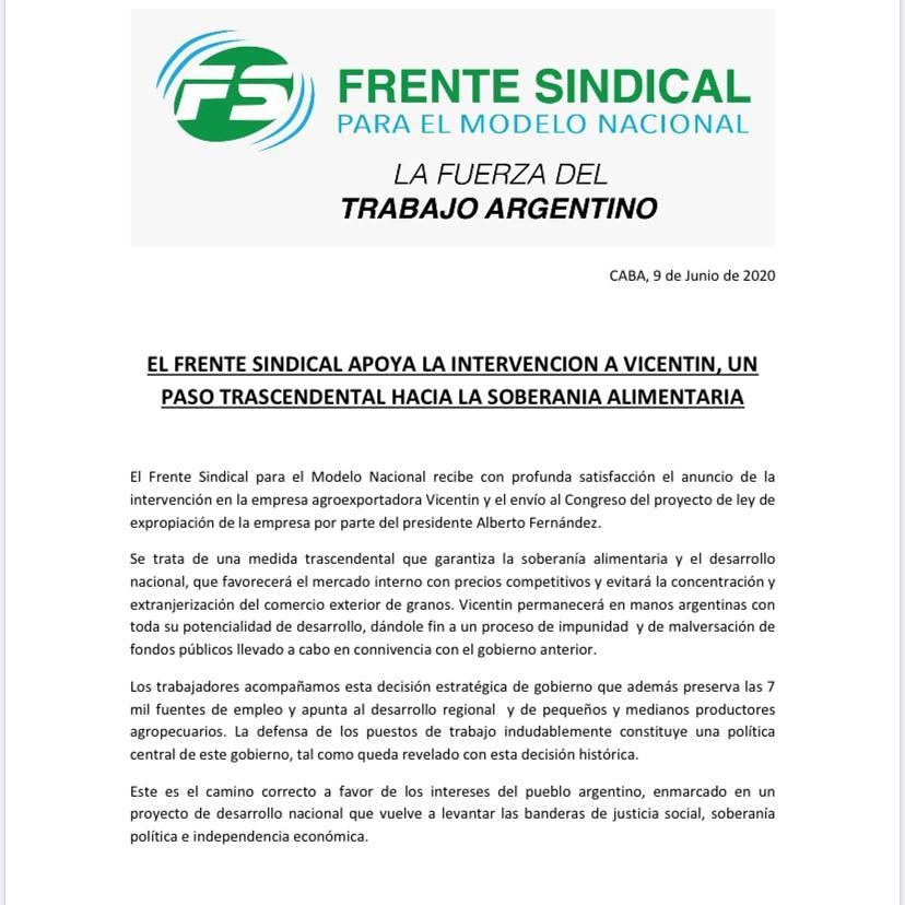 SerjSanchez's tweet photo. El FSMN al cual pertenece el @Sutpacgt , apoya la decisión del Presidente @alferdezok de intervención de la empresa Vicentín y el envío al Congreso del proyecto para su expropiación. 
Es momento de defender los intereses de nuestro país y no lo de los especuladores de siempre https://t.co/XYptbB880m