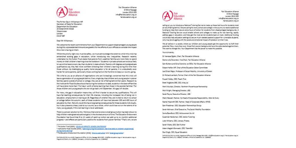 Team Up (@teamuphub) on Twitter photo Whilst health risk continues school closures, the disadvantage gap continues to widen. We need action to support disadvantaged YP. ~70 orgs of <a href="/_TheFEA/">Fair Education Alliance</a> have written to <a href="/gavinwilliamson/">Sir Gavin Williamson CBE MP</a> calling for a #NationalTutoringService. bit.ly/2BPWhlb Whilst health risk continues school closures, the disadvantage gap continues to widen. We need action to support disadvantaged YP. ~70 orgs of <a href="/_TheFEA/">Fair Education Alliance</a> have written to <a href="/gavinwilliamson/">Sir Gavin Williamson CBE MP</a> calling for a #NationalTutoringService. bit.ly/2BPWhlb