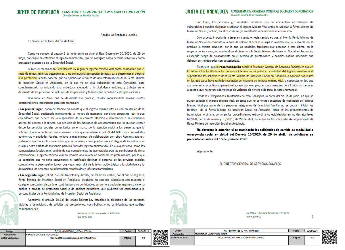 ismaelsc_'s tweet photo. El último despropósito del Gobierno andaluz: Indica a los Servicios Sociales que no tramiten Rentas Mínimas de Inserción a las personas que soliciten el Ingreso Mínimo Vital (pese a ser compatible) y pide que animen a usuarios a requerir solo la prestación estatal. Muy grave!! https://t.co/Jz0eifeErH