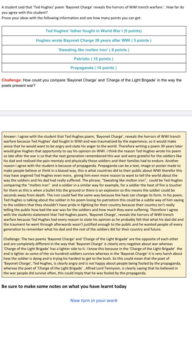 McKenna is amazing. She has gone above and beyond in every single English lesson; her work is thoughtful and developed. Here is her work having read the poem only once! So proud! <a href="/SpringwestA/">Springwest Academy 💙</a> @ACOHoroz

 #powerandconflict #onlinelearning #bayonetcharge