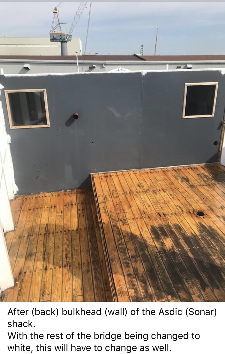 HMCSSACKVILLE1's tweet photo. From #ThePaintLocker on FB: work continues to refurbish our bridge and ASDIC hut. Also, @CPOFastForward has apparently repurposed a depth charge or two. #RCNavy @NavalMuseumHFX @corvettenavy https://t.co/LqLEmXszth