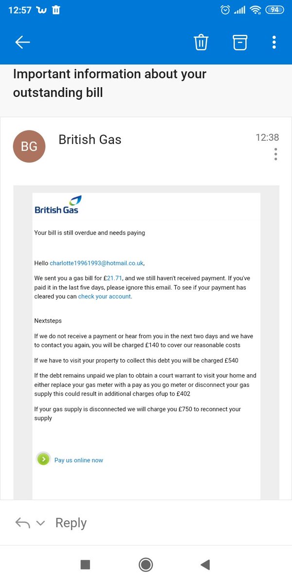 ⚠️⚠️⚠️SCAM ALERT⚠️⚠️⚠️

Lots of scams going around at the minute. Please don't click any emails that pop up asking for a payment or refund ! Forward the email to phishing@hmrc.gsi.gov.uk or call the Action Fraud team on 0300 123 2040 <a href="/HMRCgovuk/">HM Revenue & Customs</a> <a href="/actionfrauduk/">Report Fraud</a> <a href="/BritishGas/">British Gas</a>